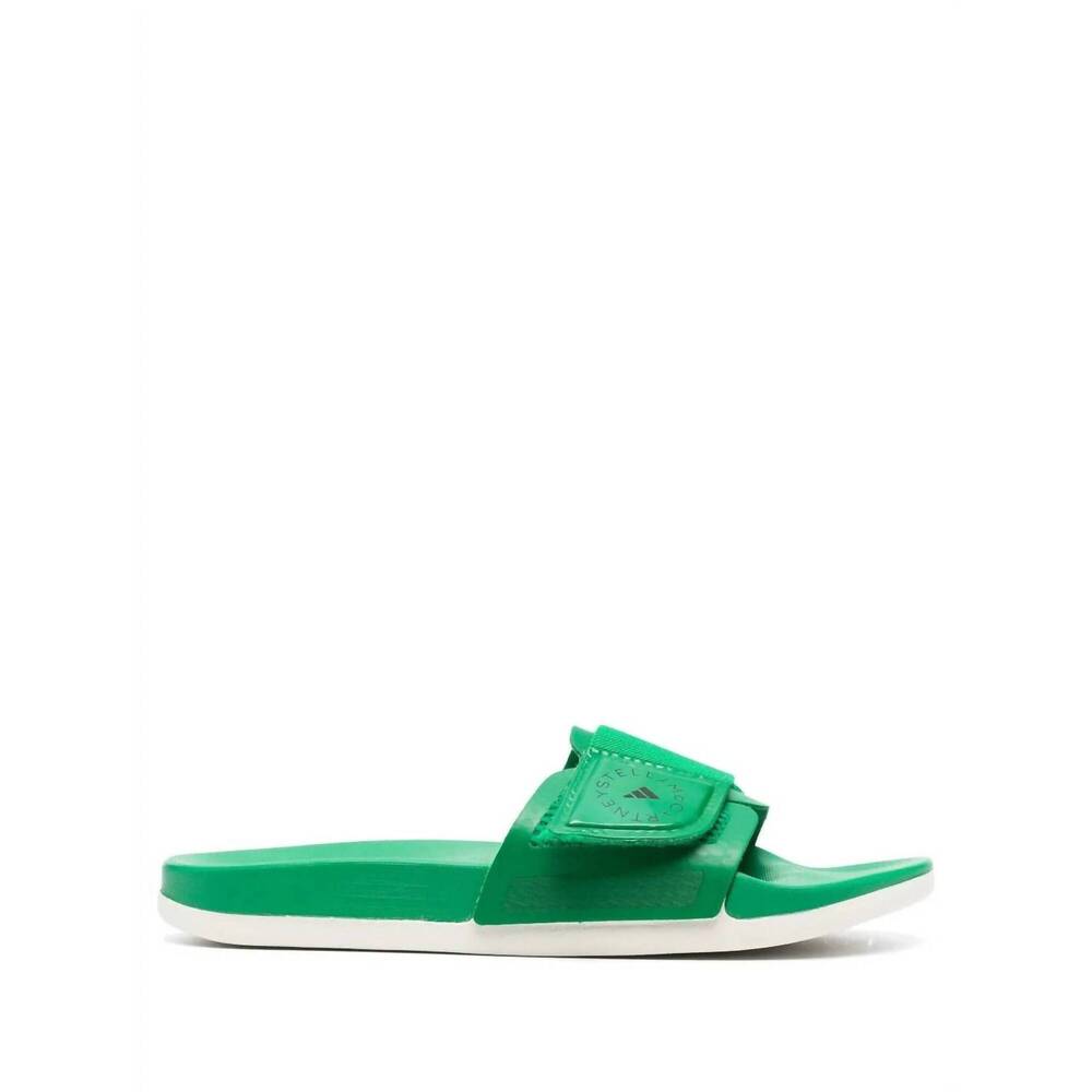 NEW ADIDAS BY STELLA MCCARTNEY women's logo touch-strap sliders in rich green/wh